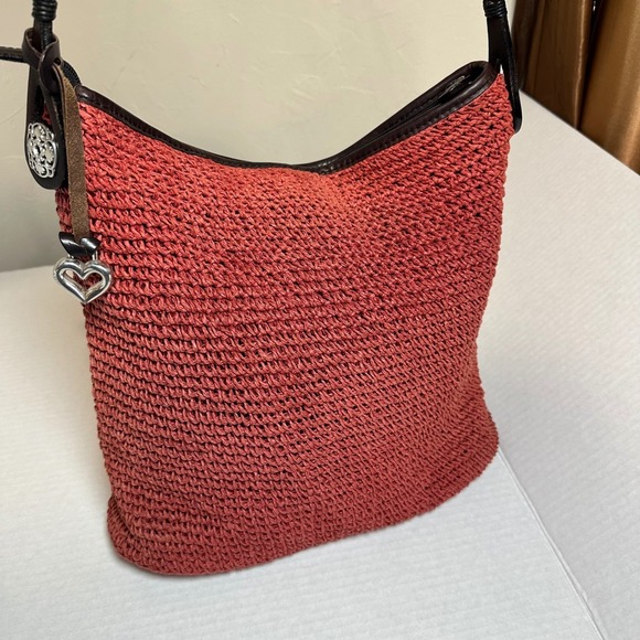 Brighton Terracotta Woven Straw Heart Shoulder Bag Leather Trim Silver Hrt Charm - Picture 4 of 12